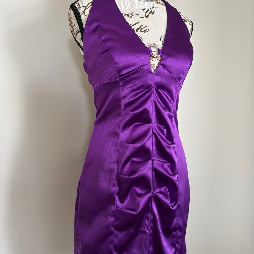 Vintage 90s Purple Ruched Halter Mini Dress Rhinestone Glam Prom Party - Picture 3 of 11
